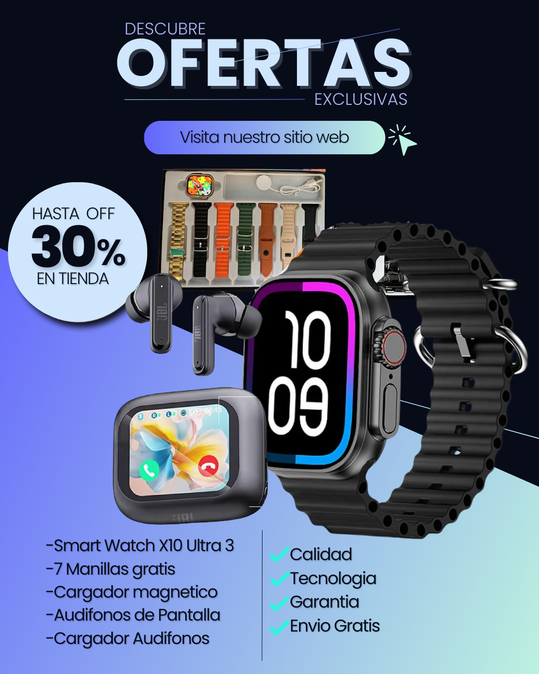 RELOJ X10 7 MANILLAS+AUDIFONO JBL PRO 4